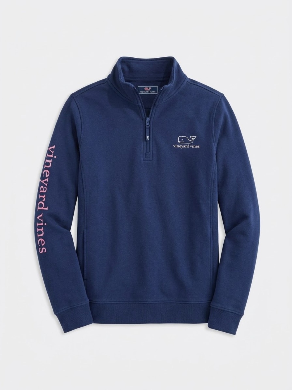 Vineyard Vines Navy Quarter-Zip Sweatshirt with Pink Sleeve Logo